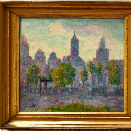 Image similar to impressionist painting of a utopian stone city in the styles of Charles R. Knight