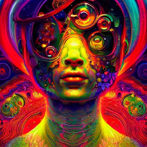 Image similar to An extremely psychedelic experience, colorful, surreal, dramatic lighting, cosmonaut, LSD, face, detailed, intricate, elegant, highly detailed, digital painting, artstation, concept art, smooth, sharp focus, illustration, art by Sam Spratt, Dan Mumford, Artem Demura and Alphonse Mucha