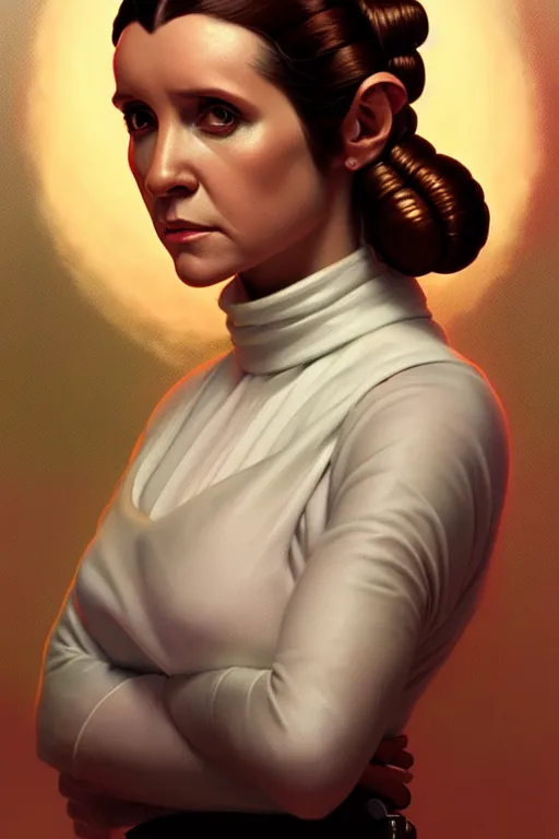 Prompt: a portrait of princess leia, fantasy, sharp focus, intricate, elegant, digital painting, artstation, matte, highly detailed, concept art, illustration, ambient lighting, art by ilya kuvshinov, artgerm, alphonse mucha, and greg rutkowski