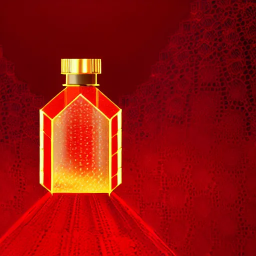 Image similar to The legendary Blood-Red Sparkling health potion in a hexagonal bottle fuming from its opening, golden lace pattern, photorealistic render