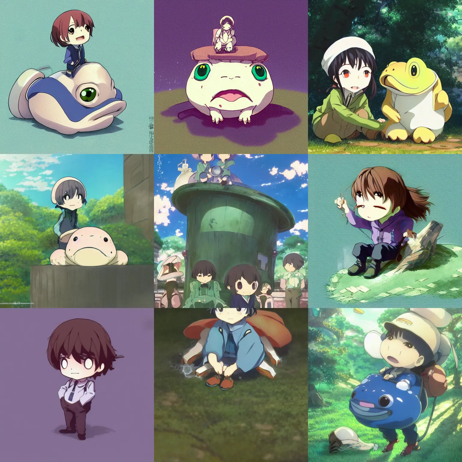 Prompt: cute anime antropomorphic chibi toad illustration by makoto shinkai and kyoto animation