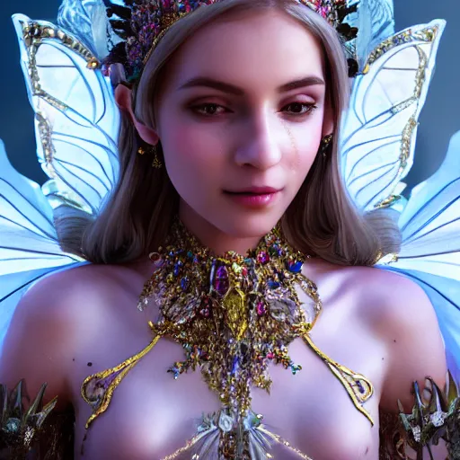 Image similar to portrait of fairy princess, glowing, ornate and intricate jewelry, jaw dropping beauty, glowing background lighting, white accent lighting, fairy tale, hyper detailed, 4 k octane render