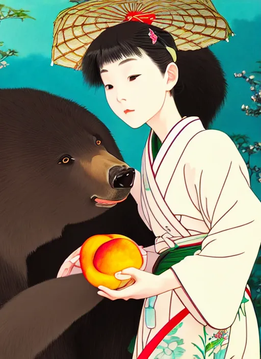 Image similar to painting of a girl wearing a kimono giving a peach to an giant anthropomorphic asian black bear, featured in artstation, octane render, cinematic, elegant, intricate, 8 k, close up, in the style of studio ghibli and heikala and alphonse mucha,