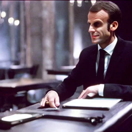 Prompt: Emmanuel Macron in the Gothic nightclub in American Psycho (1999)