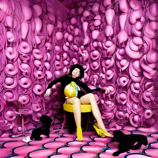 Prompt: a portrait of a beautiful fashion model that is curling her hair and hir dogs in the curls. surreal photograph, toiletpaper magazine, 3 5 mm photograph, colourful, by pierpaolo ferrari, maurizio cattelan, sandy skoglund, georges de la tour