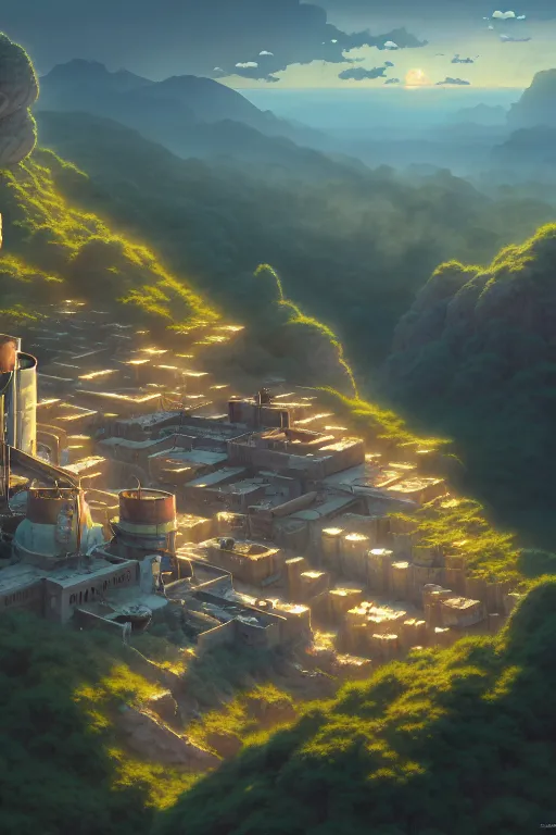 Prompt: a highly detailed matte painting of a post - apocalyptic hillside laboratory monastery aerial view, by studio ghibli, makoto shinkai, by artgerm, by wlop, by greg rutkowski, volumetric lighting, octane render, 4 k resolution, trending on artstation, masterpiece