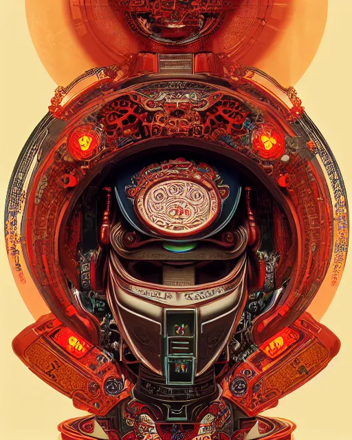 Image similar to portrait of a cyberpunk machine, machine face, upper half portrait, decorated with chinese opera motifs, asian, fine china, wuxia, traditional chinese art, intricate, elegant, highly detailed, symmetry, headpiece, digital painting, artstation concept art smooth sharp focus, illustration, art by artgerm and greg rutkowski alphonse mucha 8 k