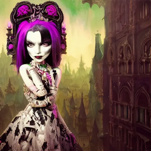 Image similar to baroque bedazzled gothic royalty frames surrounding a watercolor portrait of monster high draculaura doll, stephen bliss, unreal engine, by greg rutkowski, loish, rhads, makoto shinkai and lois van baarle, ilya kuvshinov, rossdraws, global illumination, radiant light, detailed and intricate environment, watercolor lighting