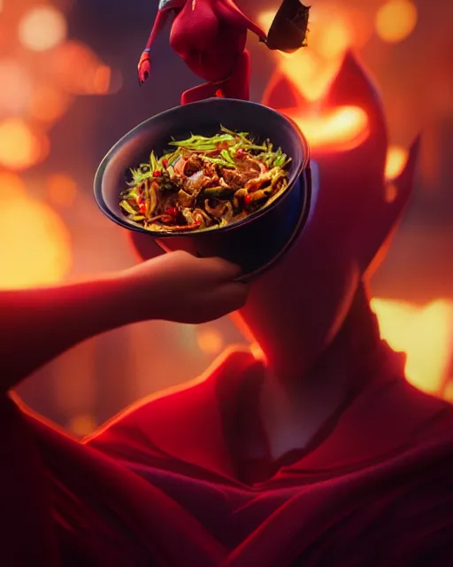 Image similar to movie still macro close photo of anonymous holding stirfry to face, by weta disney pixar greg rutkowski wlop ilya kuvshinov rossdraws artgerm octane render iridescent, bright morning, liosh, mucha