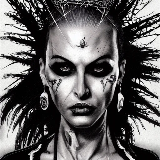 Prompt: portrait painting of a badass punk lady with a mohawk and four eyes, sharp focus, ultra realistic, concept art, intricate details, eerie, highly detailed, photorealistic, dark, black and white, rpg art vampire the masquerade. art by tim bradstreet