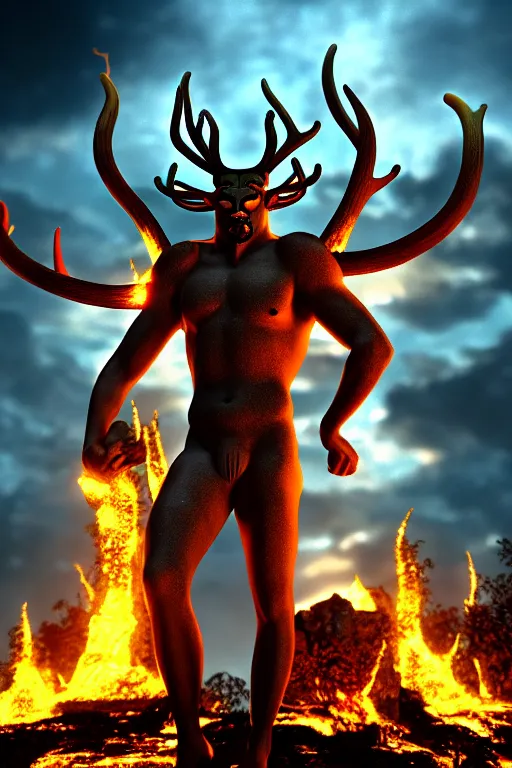 Prompt: 35mm photograph of Cernunnos standing in front of a city on fire, photo-realistic, 4k, highly detailed, octane render, dramatic lightning, by El Greco,