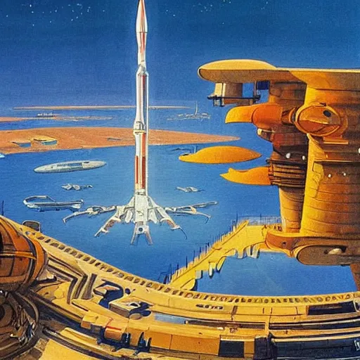 Prompt: a beautiful and detailed illustration of a spaceport in a bay by Robert McCall =, cinematic atmosphere, establishing shot@-W 1216