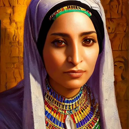 Image similar to portrait of a egyptian woman ( 3 5 ) from egypt in 2 0 2 1, an oil painting by ross tran and thomas kincade