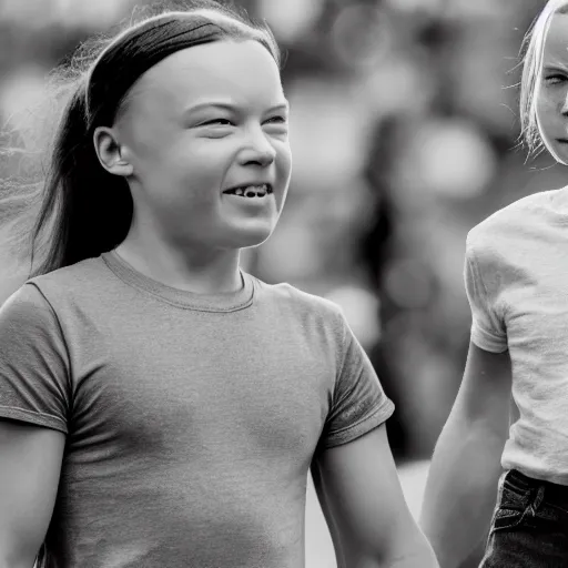 Prompt: Arnold Schwarzenegger and Greta Thunberg are happy together, realistic cartoon