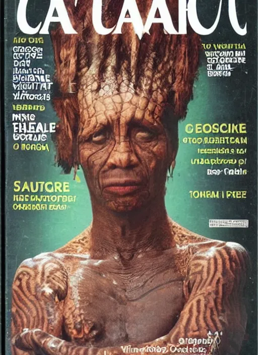 Image similar to portrait photo of the half crocodile tribe necromancer from Colombia and Madagascar, full color magazine article by National Geographic (1998)