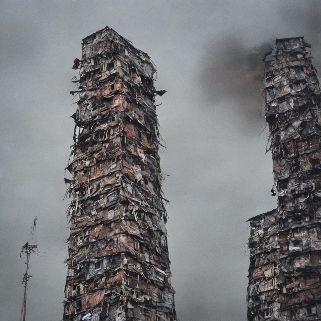 Image similar to close - up view of a tower made up of makeshift squatter shacks with faded colours, moody cloudy sky, uneven fog, dystopia, mamiya, f 1 1, fully frontal view, very detailed, photographed by jeanette hagglund