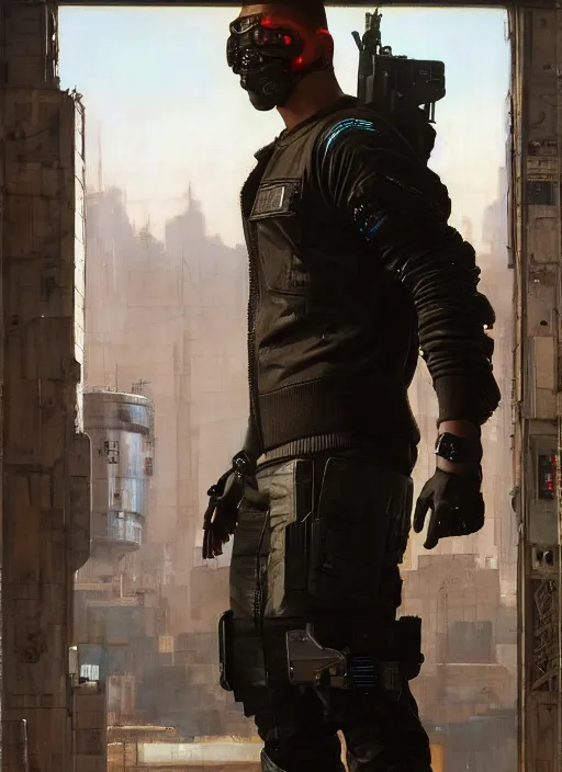 Image similar to big mike. cyberpunk hacker wearing a military vest and combat gear. (Cyberpunk 2077, bladerunner 2049). Iranian orientalist portrait by john william waterhouse and Edwin Longsden Long and Theodore Ralli and Nasreddine Dinet, oil on canvas. Cinematic, hyper realism, realistic proportions, dramatic lighting, high detail 4k