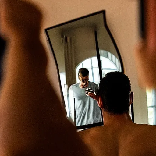 Image similar to a man taking a selfie in the mirror, only to see a strange surreal reality in the reflection