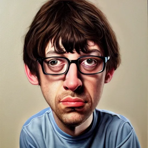 Image similar to Caricature portraits done of a young Graham Coxon, realistic, hyperrealistic, very realistic, highly detailed, very detailed, extremely detailed, detailed, oil painting, digital art, trending on artstation