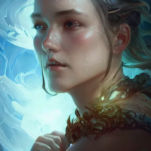 Prompt: water elemental, lifelike, portrait, highly detailed, digital painting, artstation, concept art, sharp focus, illustration, cinematic lighting, art by artgerm and greg rutkowski and alphonse mucha