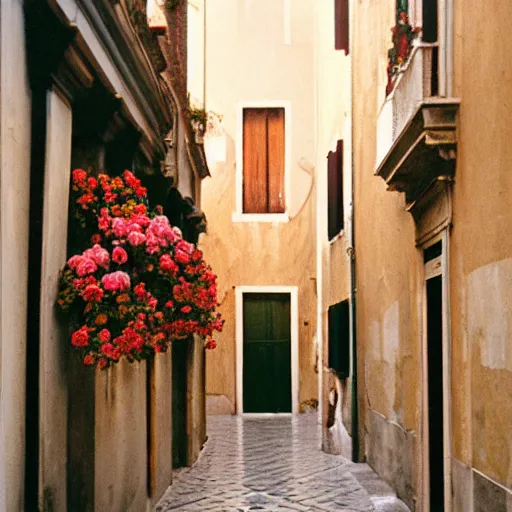 Image similar to kodak portra 8 0 0, flickr photograph view of a hallway street street with roses in neo - venezia in a calm breezy afternoon with a small store in one of the walls