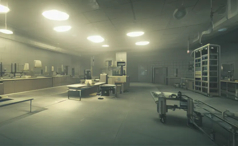 Prompt: screenshot of a game on unreal engine 5, narrow modern laboratory halls, photorealistic, liminal, retrofuturism, minimalism, soft vintage glow