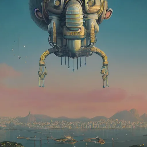 Prompt: a enormous giant head floating above rio de janeiro by simon stalenhag, intricate, award winning, cinematic,