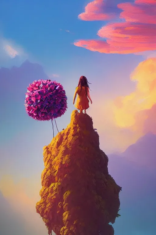 Image similar to closeup, giant flower head, girl standing on cliff, surreal photography, sunrise, blue sky, dramatic light, impressionist painting, digital painting, artstation, simon stalenhag