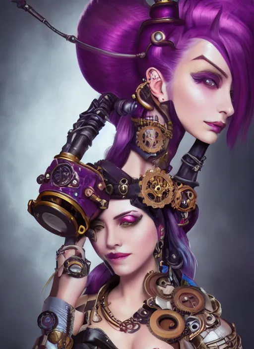 Image similar to steampunk portrait of jinx from league of legends, au naturel, hyper detailed, digital art, trending in artstation, cinematic lighting, studio quality, smooth render, unreal engine 5 rendered, octane rendered, art style by klimt and nixeu and ian sprigger and wlop and krenz cushart.