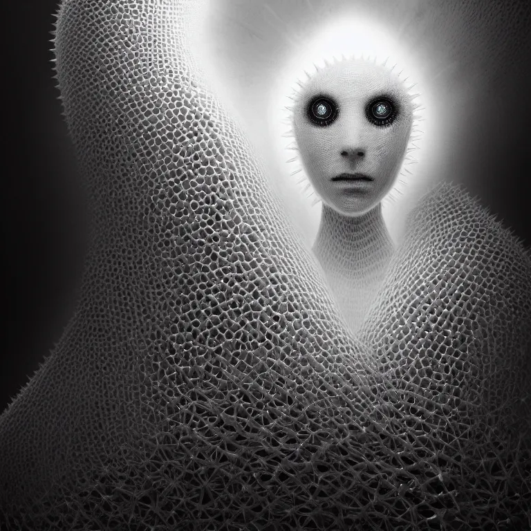 Image similar to surreal portrait of white demon covered with ribbed white spiky spiral crooked fractals, in wastelands on white exoplanet, baroque portrait painting, beautiful intricate insanely detailed octane render, artstation, 8 k artistic harsh flash photography, photorealistic, volumetric perfect light, chiaroscuro, raphael, caravaggio, beksinski, rutkowski, giger