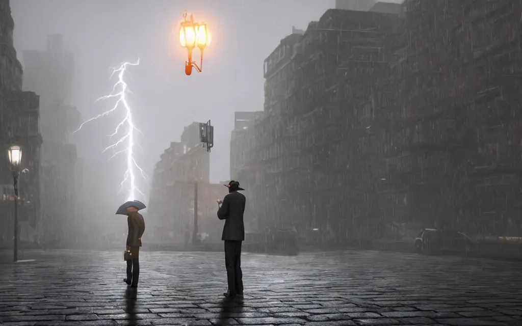 Image similar to lightning hitting man with umbrella standing on the street, atmospheric, mist, epic, photorealistic, realistic, rule of thirds, extremely detailed, 4 k, 8 k, unreal engine 5 render, rim lighting, rtx, ray traced lighting, shot on 3 5 mm, film grain