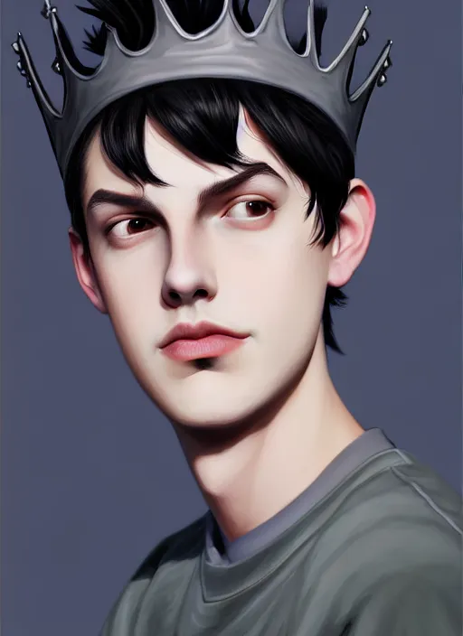 Image similar to portrait of teenage jughead jones wearing a light grey crown, photorealistic, crown, eyes closed, crown, black hair, intricate, elegant, glowing lights, highly detailed, digital painting, artstation, concept art, smooth, sharp focus, illustration, art by wlop, mars ravelo and greg rutkowski