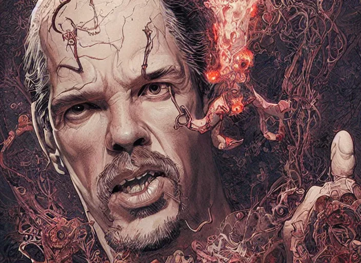 Prompt: a highly detailed horror portrait of stephen strange, james gurney, james jean