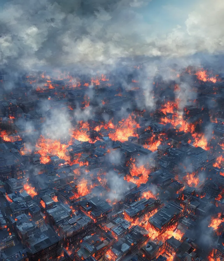 Image similar to a beautiful hyperrealistic detailed 3D render of manchester burning, by Anton Otto Fischer, Atey Ghailan, genzoman, unreal engine, octane render, gigantic, 3D, brilliantly coloured, intricate, ultra wide angle, trending on artstation, embers, smoke, dust, dusk, volumetric lighting, HDR, polished, micro details, ray tracing, 8k