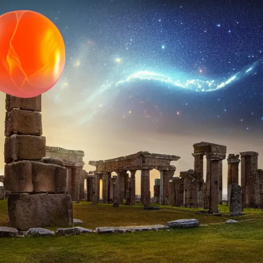 Image similar to a colossal gigantic glowing orange jellyfish hovering beneath a portal in the sky, tendrils hanging towards the ground, galaxies and stars in a stylized sky at twilight, ancient ruins in the foreground, ancient cities in the background, digital art