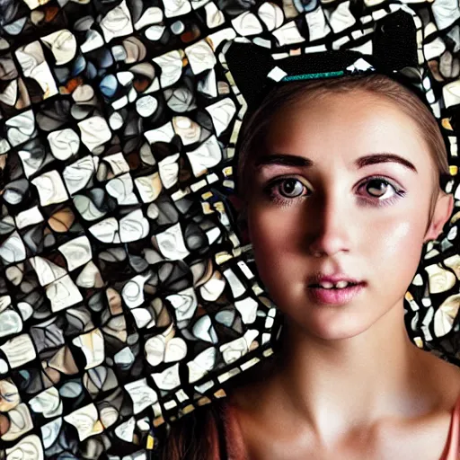 Image similar to mosaic of a cute young woman with robot ears and eyes, 4k, intricate details