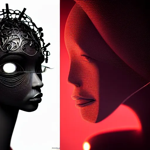 Image similar to portrait of an absurdly beautiful, graceful, sophisticated, fashionable black cyberpunk mechanoid gravure idol, hyperdetailed illustration by irakli nadar, adut akech, matt wisniewski style, intricate linework, dark black porcelain skin, jellyfish headdress, unreal engine 5 highly rendered, global illumination, red light, detailed and intricate environment