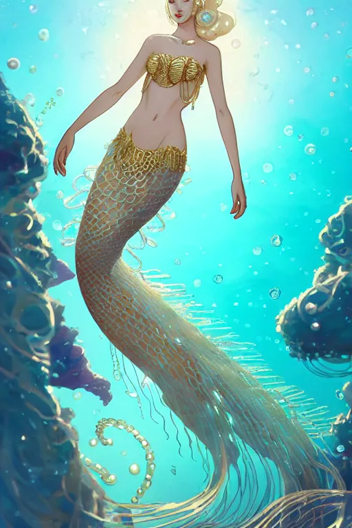 Prompt: a beautiful mermaid queen of the ocean in the middle of coral reefs, pearl and gold and crystal jewelry, complex and shiny dress inspired by jellyfish, by ross tran and atey ghailan, by greg rutkowski, by greg tocchini, by james gilleard, by joe fenton, by kaethe butcher, dynamic lighting, grunge aesthetic