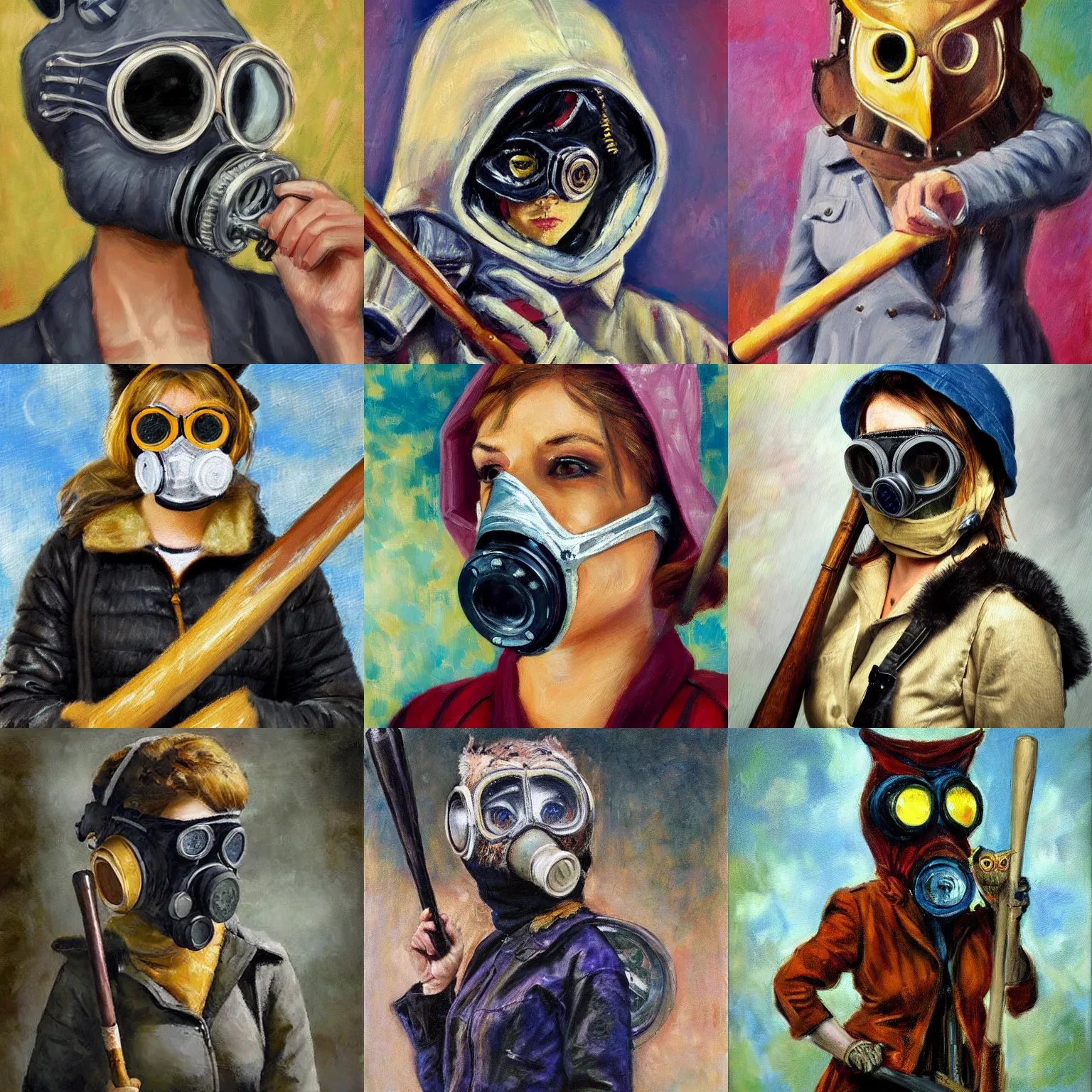 Prompt: an hd impressionist portrait painting of a woman in an owl head gasmask. she is wearing a jacket, and is brandishing a baseball bat.