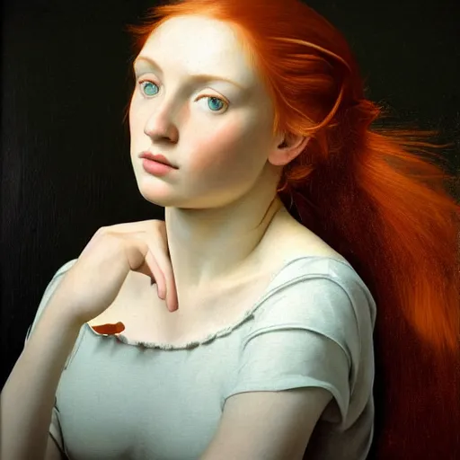 Image similar to full body portrait of a red haired girl with a soft smile, with long hair, green eyes, hint of freckles, beautiful round face, pale skin, highly detailed, deep focus, smooth, sharp focus, golden ratio, dramatic illumination, ultra realistic, 8 k, painting art by artemisia lomi gentileschi and caravaggio