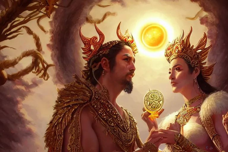 Image similar to close up moment of a divine a sun god and a moon goddess lovers magician at a wedding banquet, highly detailed, d & d, fantasy, highly detailed, digital painting, trending on artstation, concept art, sharp focus, illustration, art by artgerm and greg rutkowski and magali villeneuve