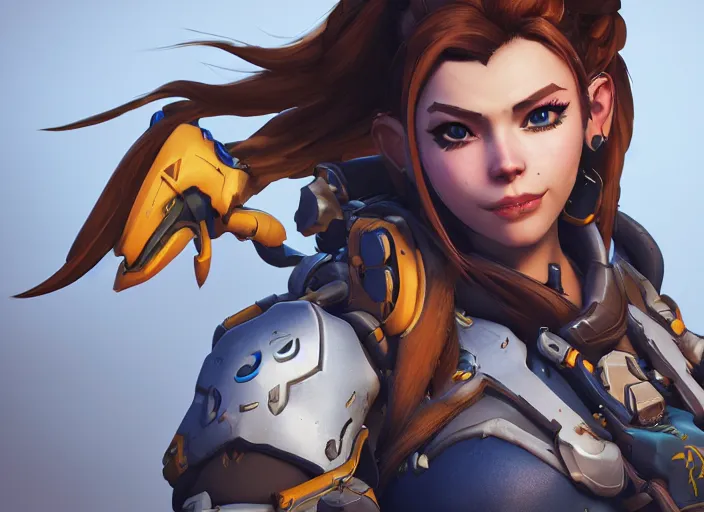 Image similar to one character, overwatch, brigitte, horizon zero dawn, aloy, digital art, high detailed, artstation, octane render