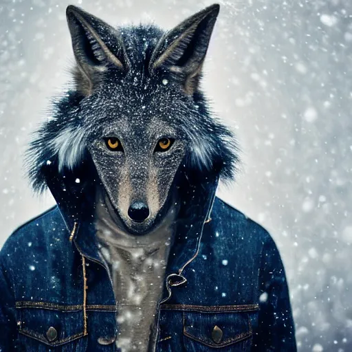 Image similar to an award winning National Geographic picture of a black Jackal wearing a denim Jacket in the snow by Lee Jeffries, 85mm ND 5, perfect lighting in a snow storm