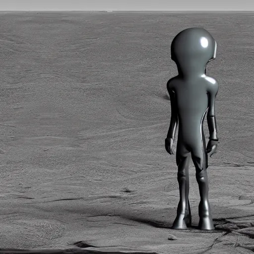 Image similar to a sad Roswell grey alien standing near his crashed burning spacecraft, a hologram by Alan Bean, featured on zbrush central, hurufiyya, zbrush, polycount, airbrush art