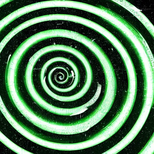 Prompt: 3D rendering of a green spiral made of arrows. The floor is a mirror. Sparks, glitter and flashes all around.