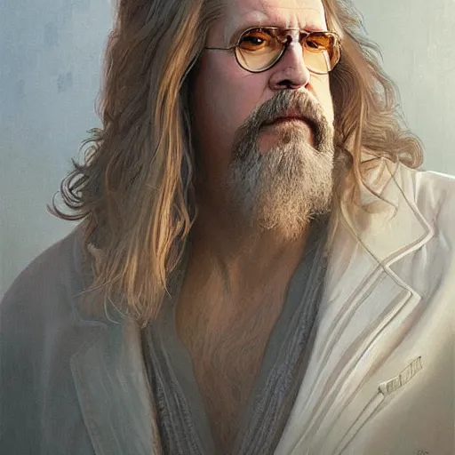 Image similar to portrait of the dude big lebowski, deep focus, rug, d & d, fantasy, intricate, elegant, highly detailed, digital painting, artstation, concept art, matte, sharp focus, illustration, art by artgerm and greg rutkowski and alphonse mucha