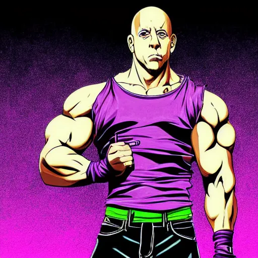 Image similar to Digital painting of Vin Diesel wearing clothes designed by Emilio Pucci walking like a Italian model in JoJo\'s Bizzare Adventure anime style, official media from JoJo\'s Bizzare Adventure, highly detailed, sharp focus, screentone shading, 1990s manga panel, ArtStation, art by Hirohiko Araki