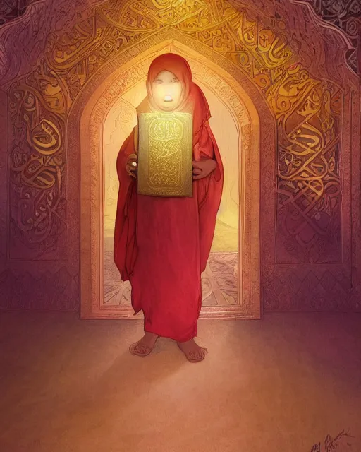 Image similar to a faceless bedouin child infront of a big open quran highly detailed, gold filigree, romantic storybook fantasy, soft cinematic lighting, award, disney concept art watercolor illustration by mandy jurgens and alphonse mucha and alena aenami, pastel color palette, featured on artstation