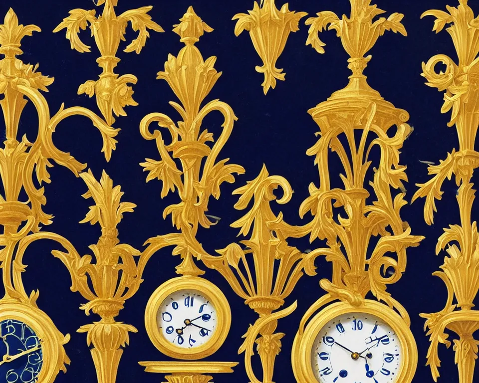 Prompt: an achingly beautiful print of ornate gold clocks, marble corinthian capitals, and Tiffany sconces on a navy blue wall by Raphael, Hopper, and Rene Magritte. detailed, romantic, enchanting, trending on artstation.
