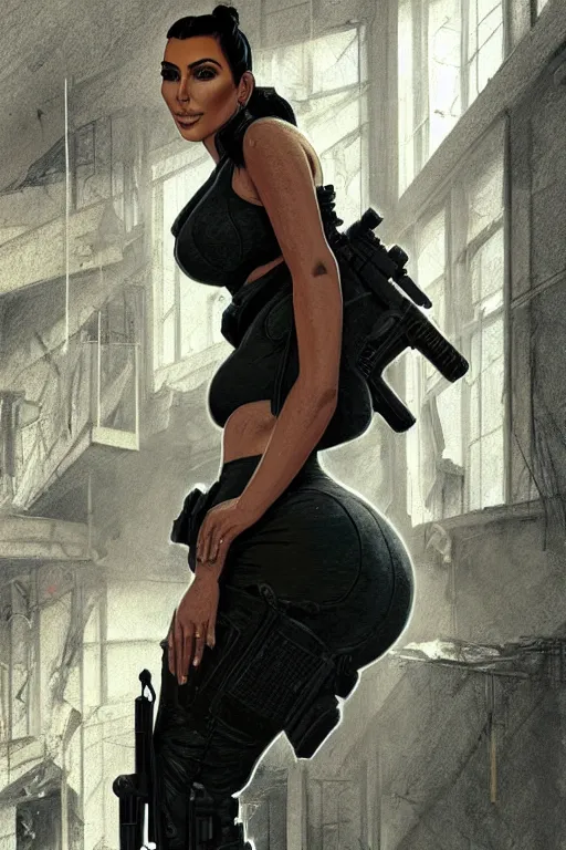 Prompt: photo of kim kardashian as a cop inside a derelict apartment, glowing walkie talkie, realistic, long shot, symmetrical, highly detailed, digital painting, artstation, concept art, smooth, sharp focus, illustration, cinematic lighting, art by artgerm and greg rutkowski and alphonse mucha